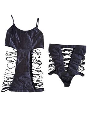Black Soft Stretchy Open Side Cutout Distressed Two Piece Tank & Panty Set OS